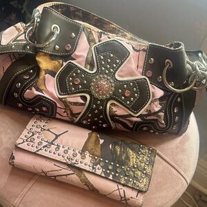 Blazin Roxx Pink and Brown Cross Studded Shoulder Bag Set